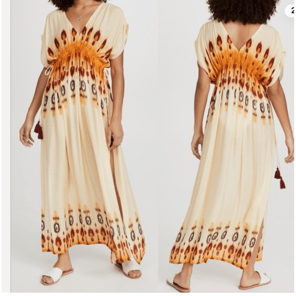 agua bendita Lyra Leva NWT Caftan Coverup Maxi Dress Yellow Print OS